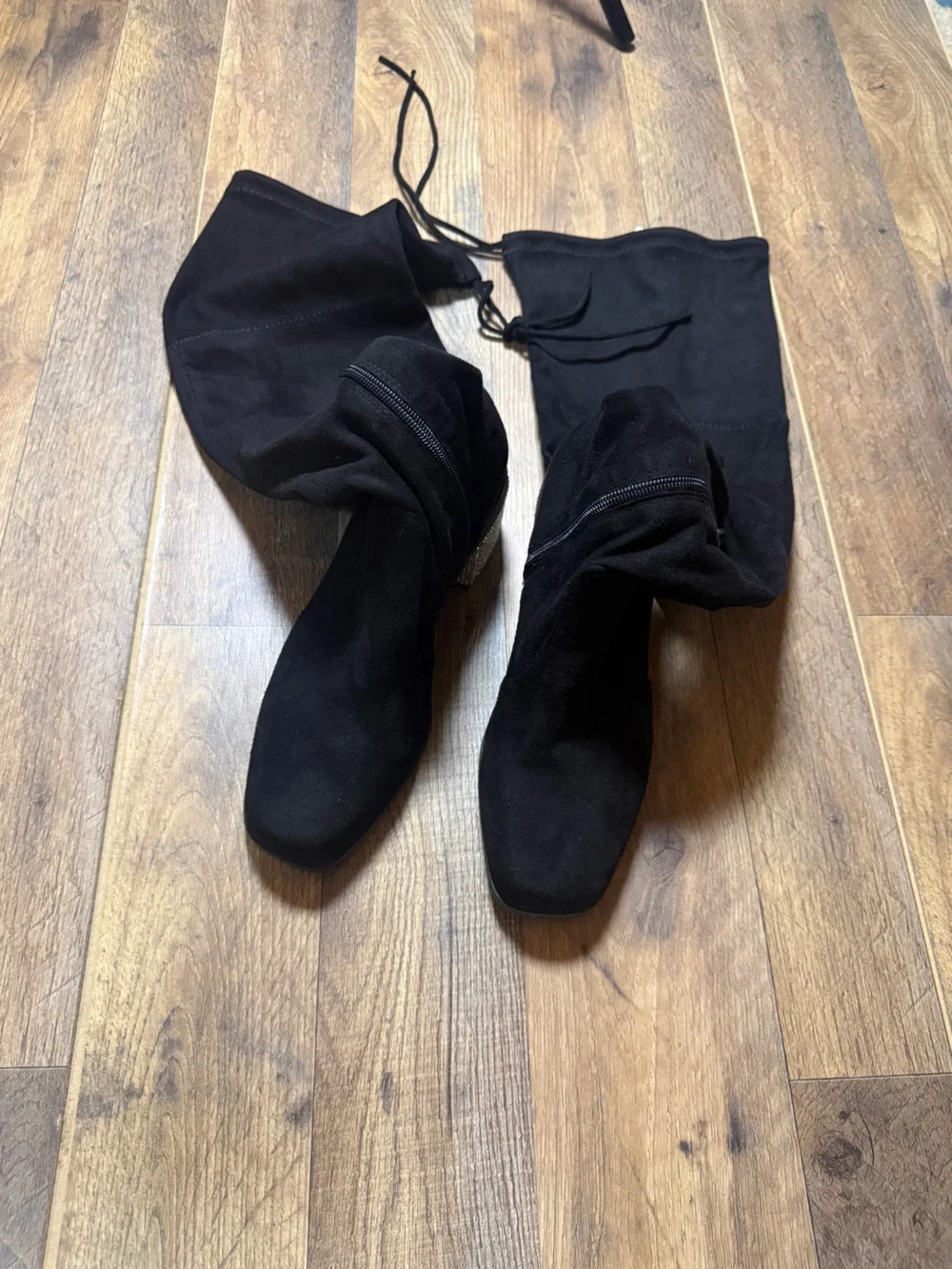 Black Suede Rhinestone Block Heel Over The Knee Boots Sz 7.5